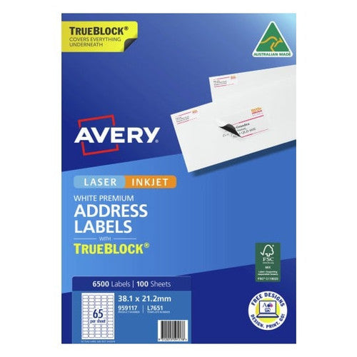 Avery Premium Address Labels TrueBlock 38.1 x 21.2mm 65UP 6500 Labels