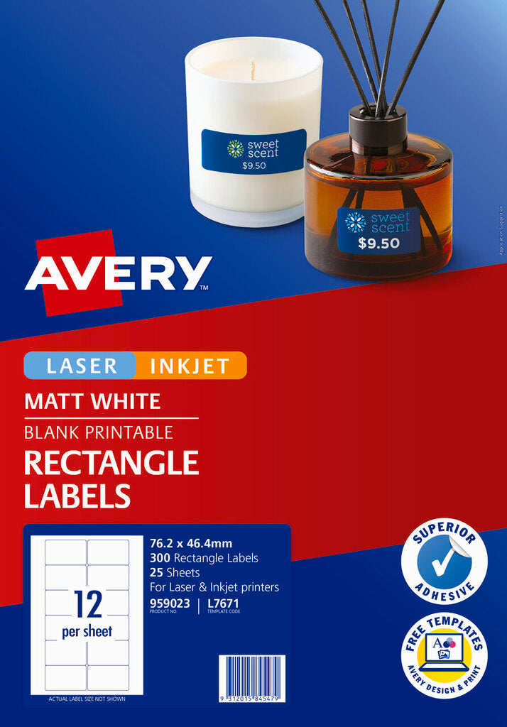 Avery White Video Face Labels L7671 300 Pack 76.2 x 46.4mm 12UP