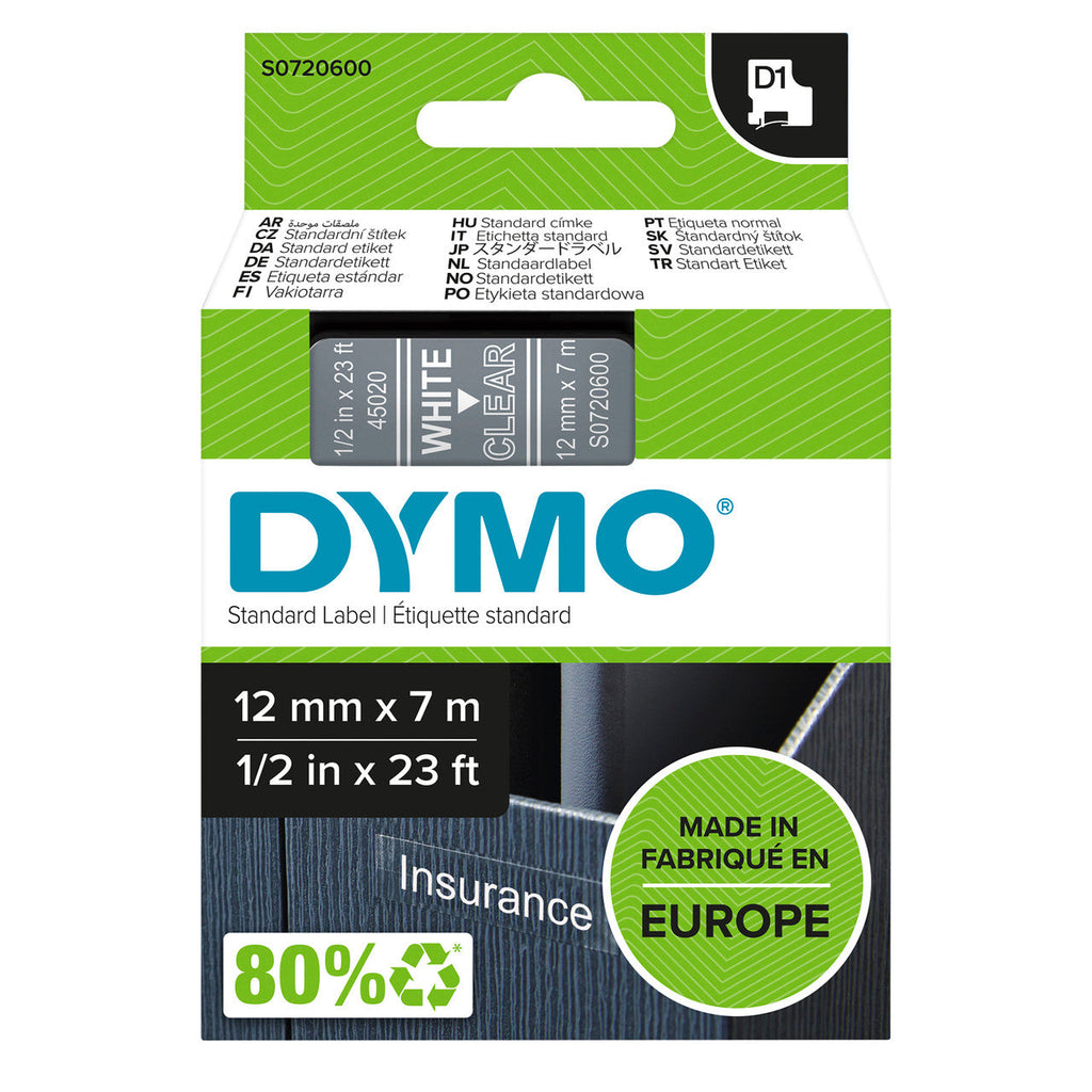 Dymo D1 Label Tape 12mm x 7m White on Clear