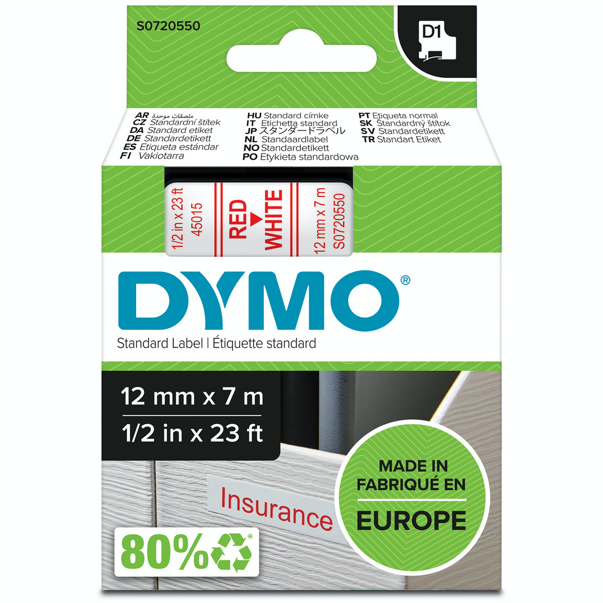 Dymo D1 Label Tape 12mm x 7m Red on White