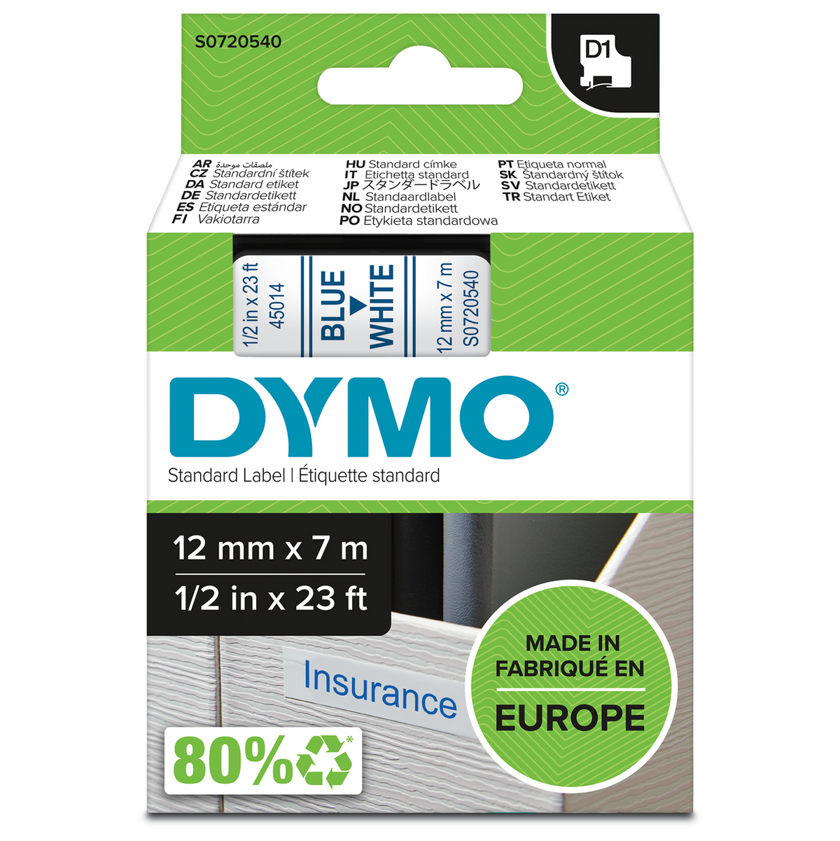 Dymo D1 Label Tape 12mm x 7m Blue on White
