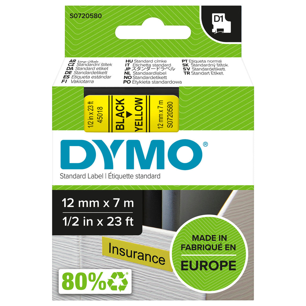 Dymo D1 Label Tape 9mm x 7m Black on Yellow