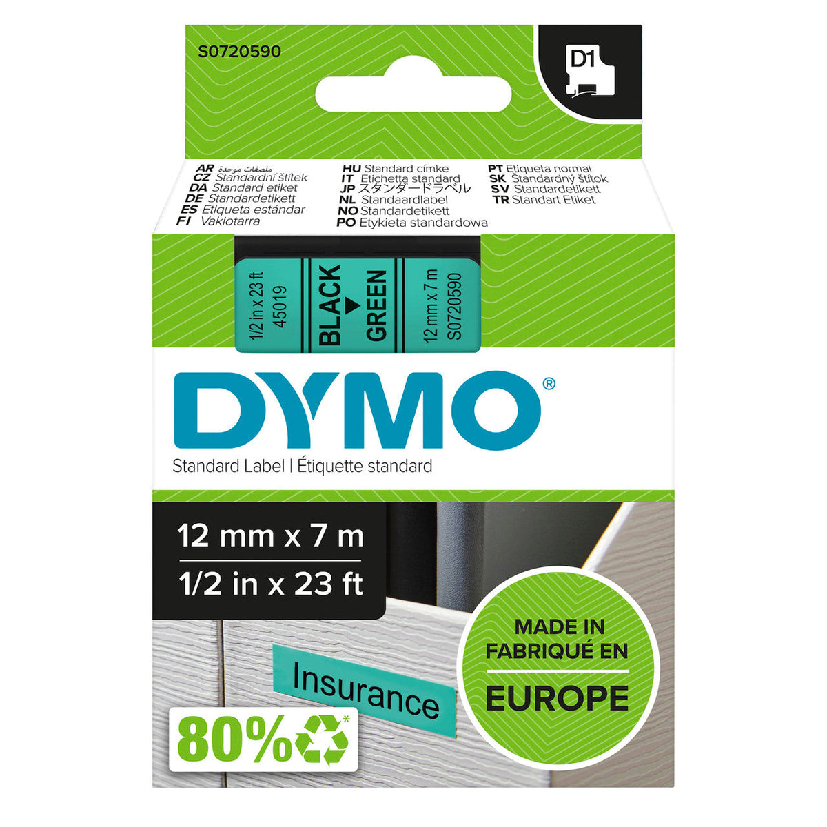 Dymo D1 Label Tape 19mm x 7m Black on Green