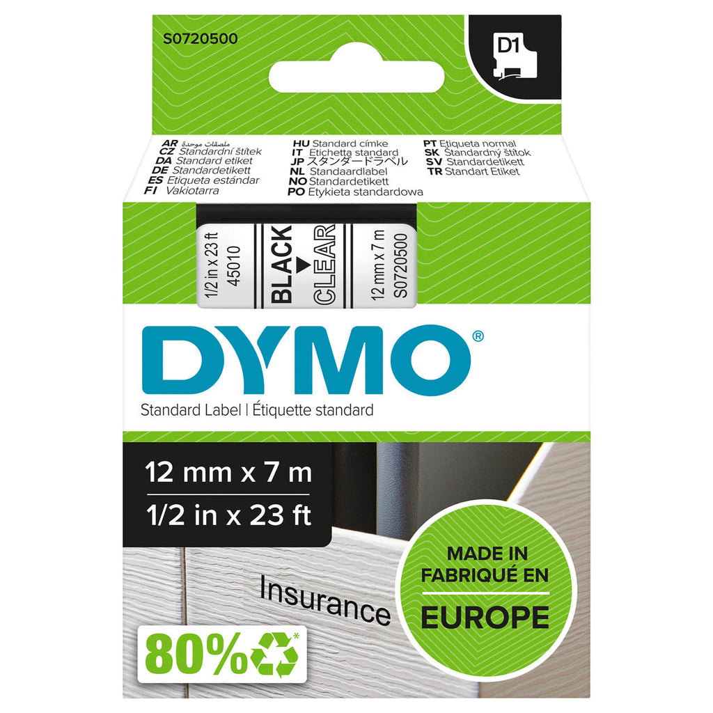 Dymo D1 Label Tape 19mm x 7m Black on Clear