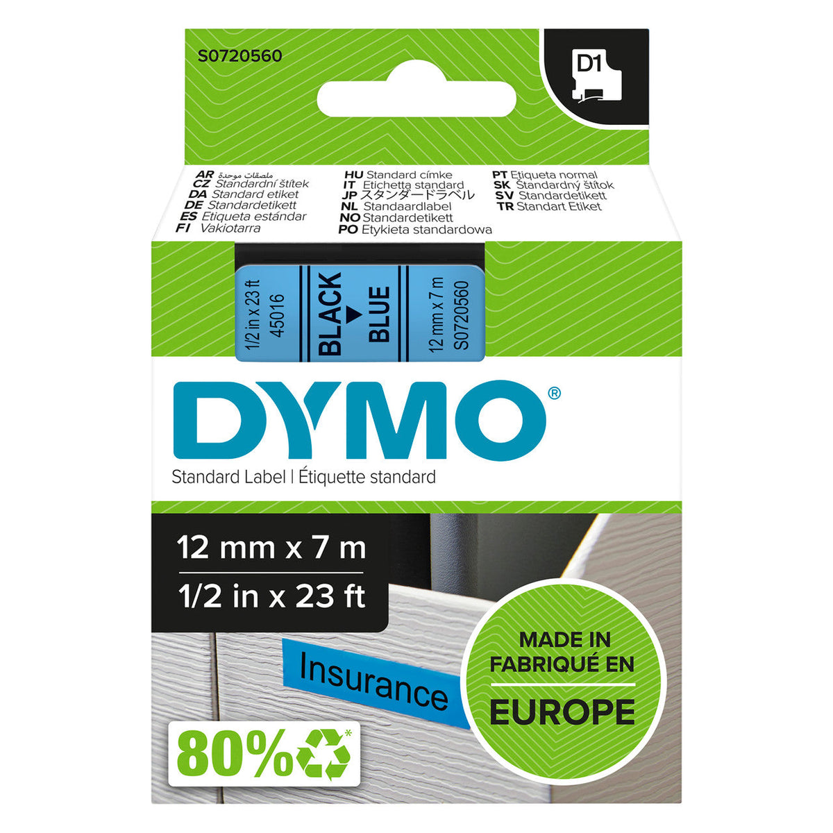 Dymo D1 Label Tape 19mm x 7m Black on Blue