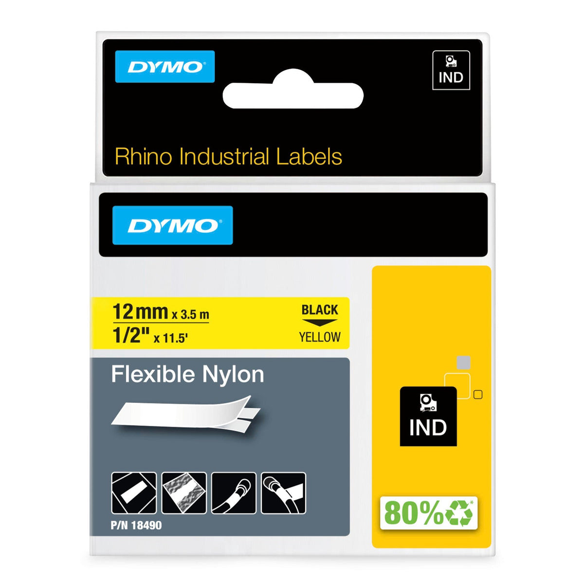 Dymo Rhino Flexible Nylon Label Tape 12mm x 3.5m Black on Yellow