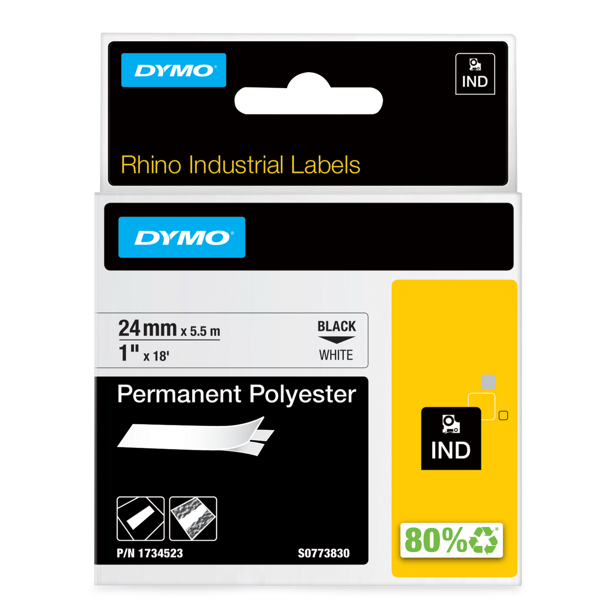 Dymo Rhino Permanent Polyester Label Tape 24mm x 5.5m Black on White