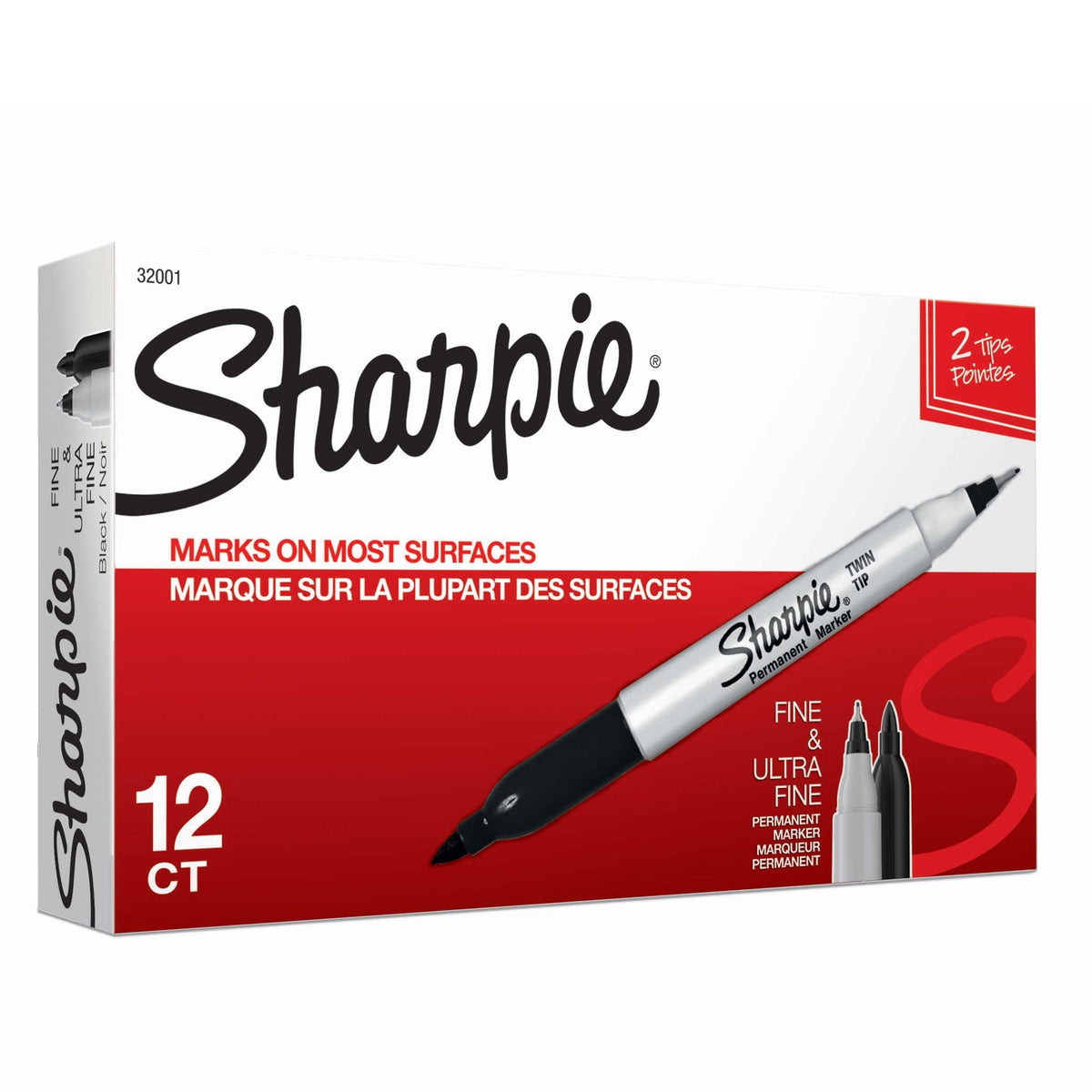 Sharpie Twin Tip Permanent Marker Fine and Ultra Fine Point Black Box of 12