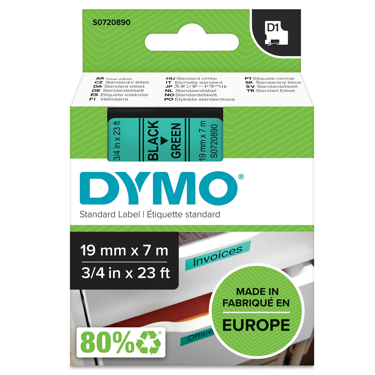 Dymo D1 Label Tape 19mm x 7m Black on Green