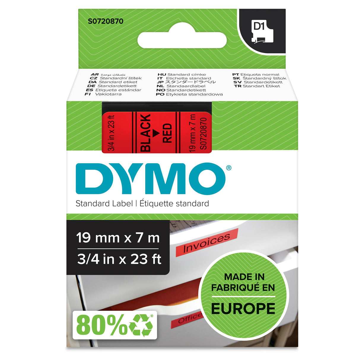 Dymo D1 Label Tape 19mm x 7m Black on Red