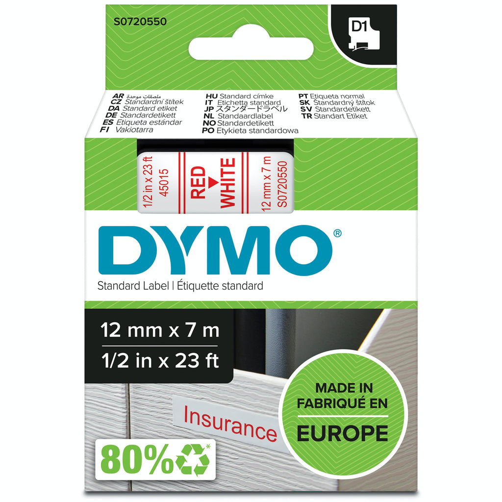 Dymo D1 Label Tape 12mm x 7m Red on White