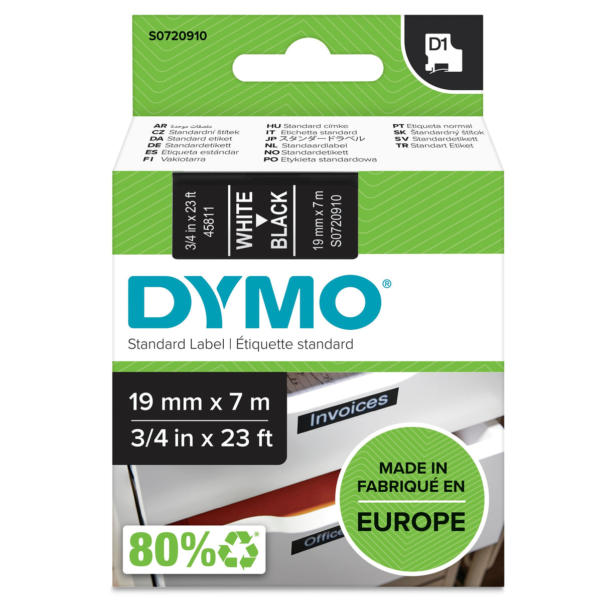 Dymo D1 Label Tape 19mm x 7m White on Black