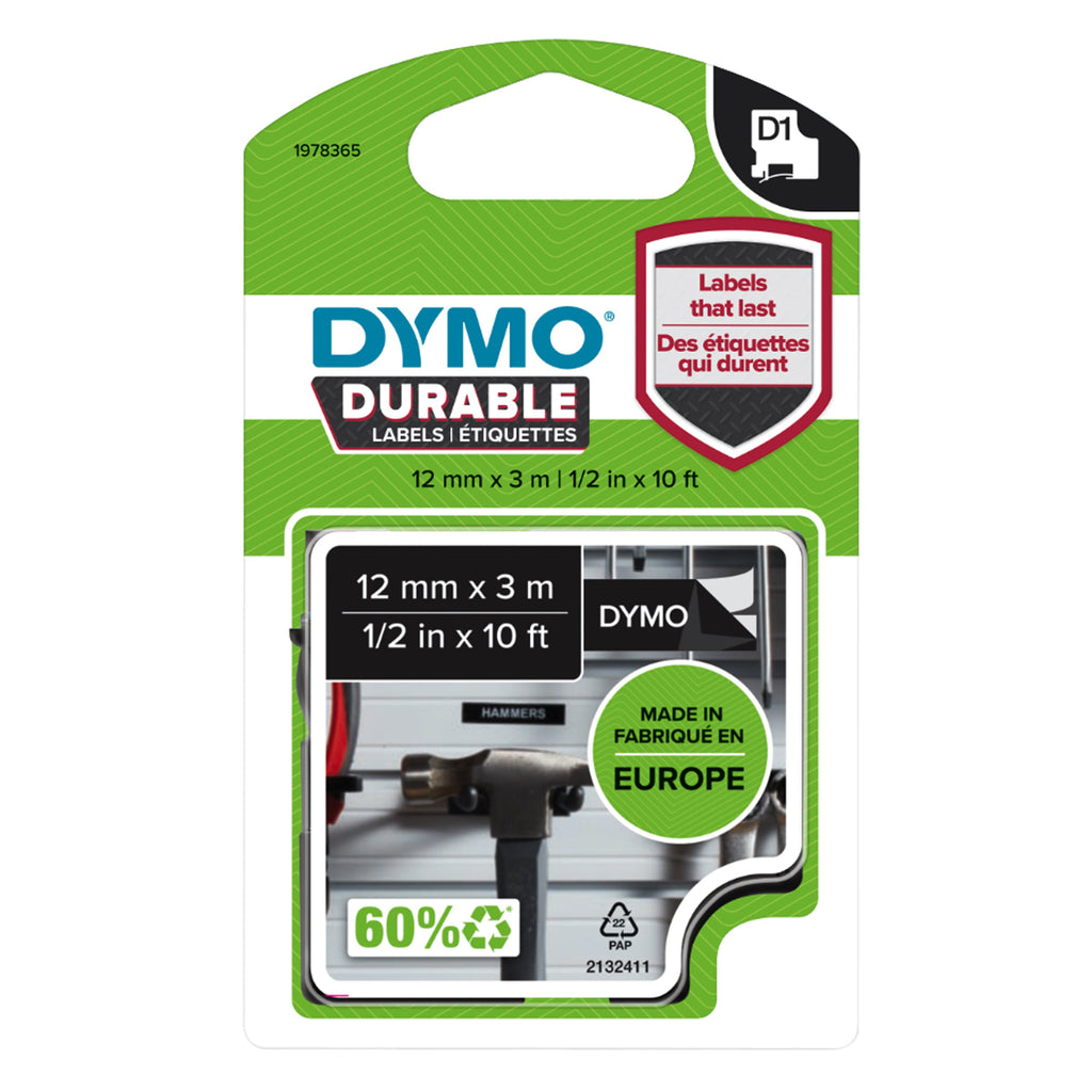 Dymo D1 Durable Label Tape 12mm White on Black