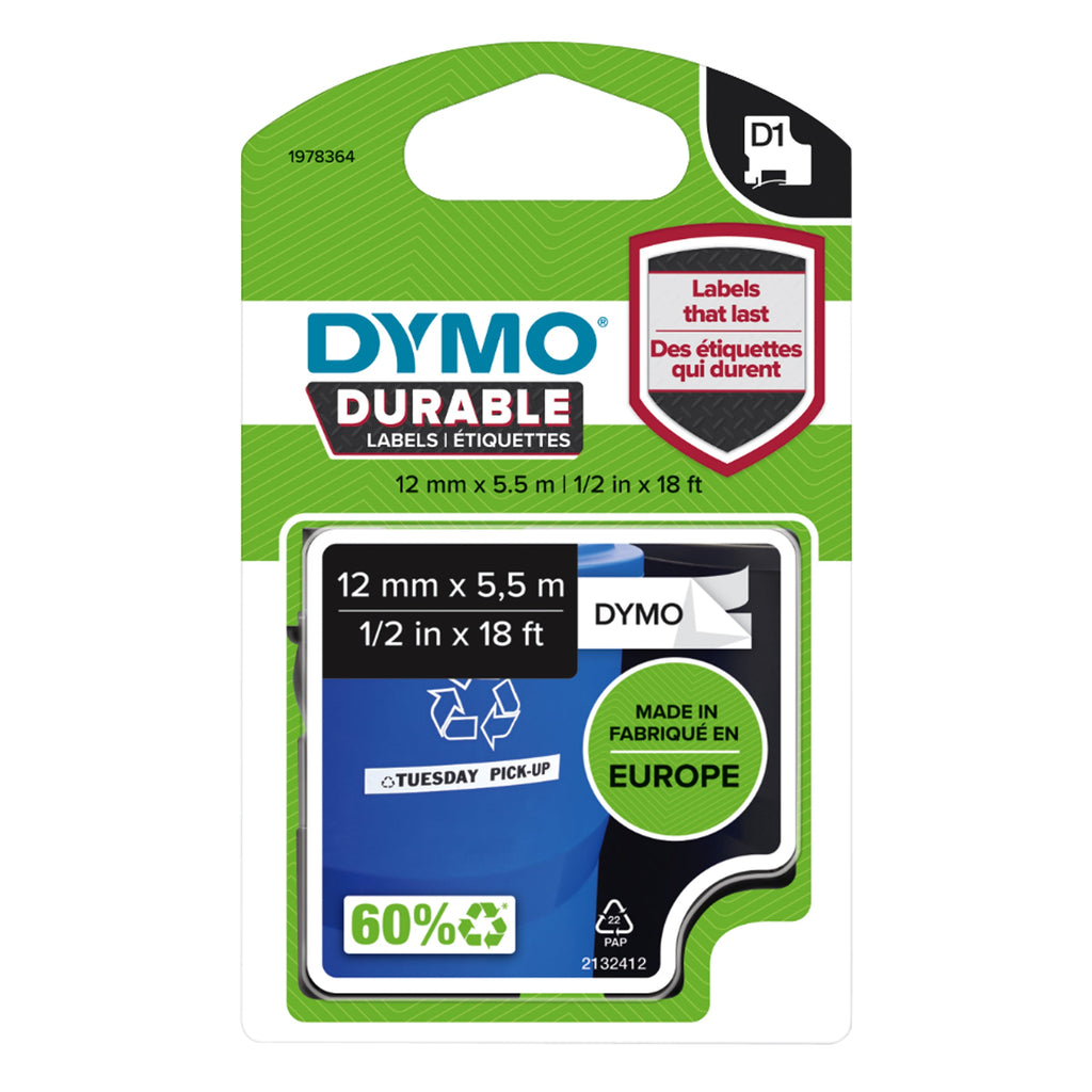 Dymo D1 Durable Label Tape 12mm Black on White