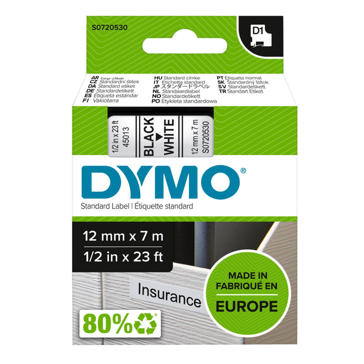 Dymo D1 Label Tape 12mm x 7m Black on White