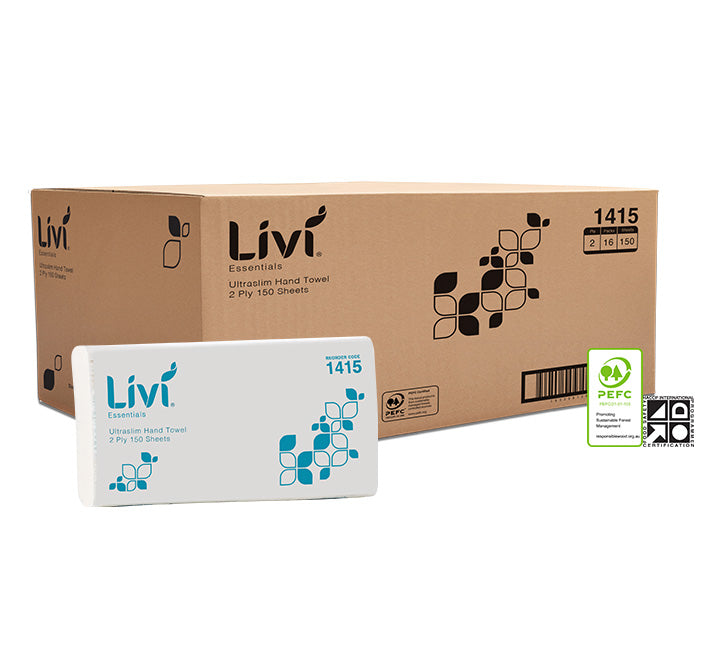 Livi 1415 Essentials Ultraslim Towel 2 Ply 150 Sheets Carton 16
