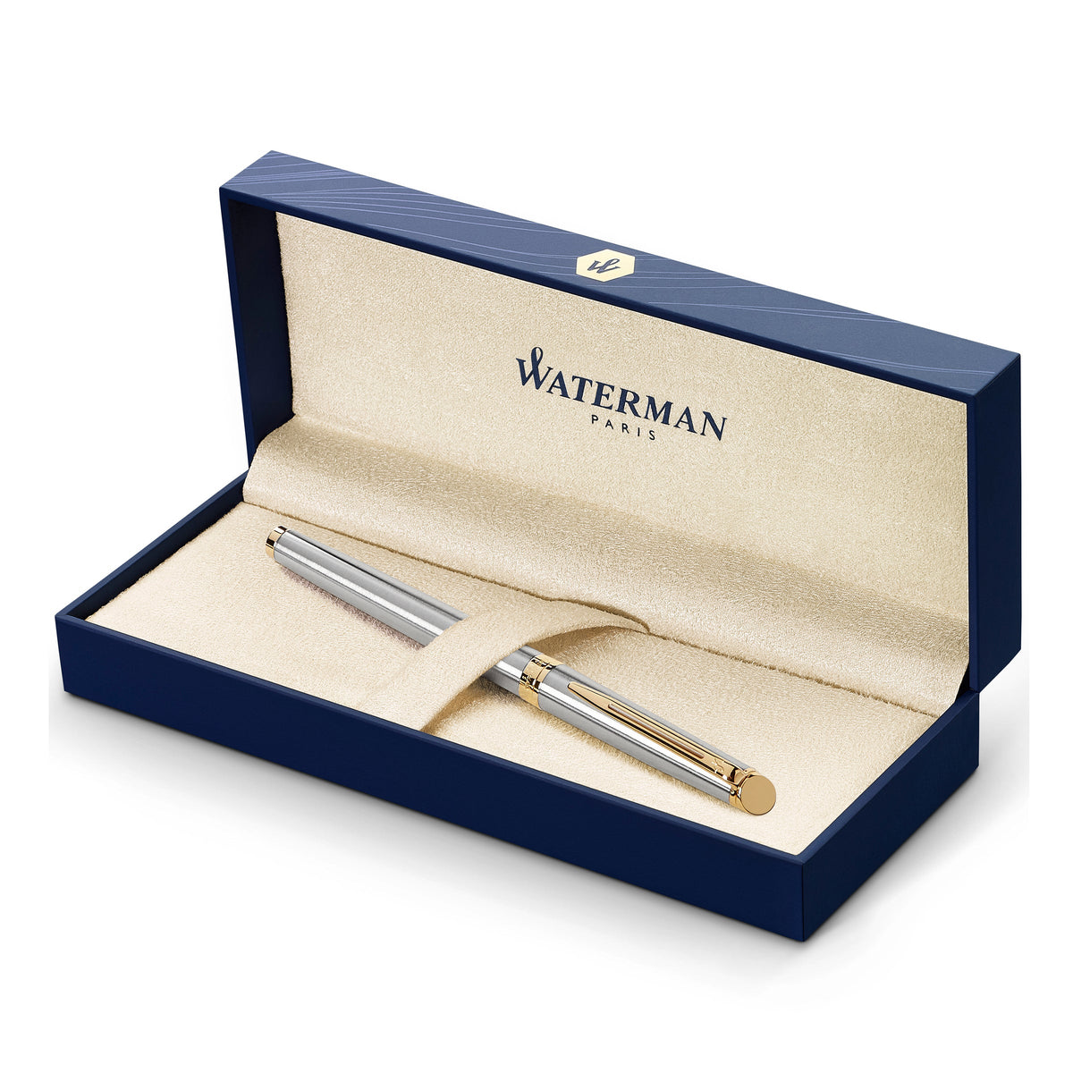 Waterman Hemisphere Stainless Steel Gold Trim Fountain Pen in Box