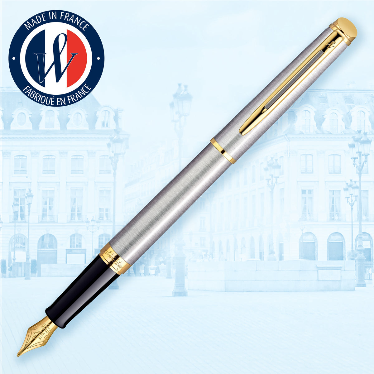 Waterman Hemisphere Stainless Steel Gold Trim Fountain Pen in Box