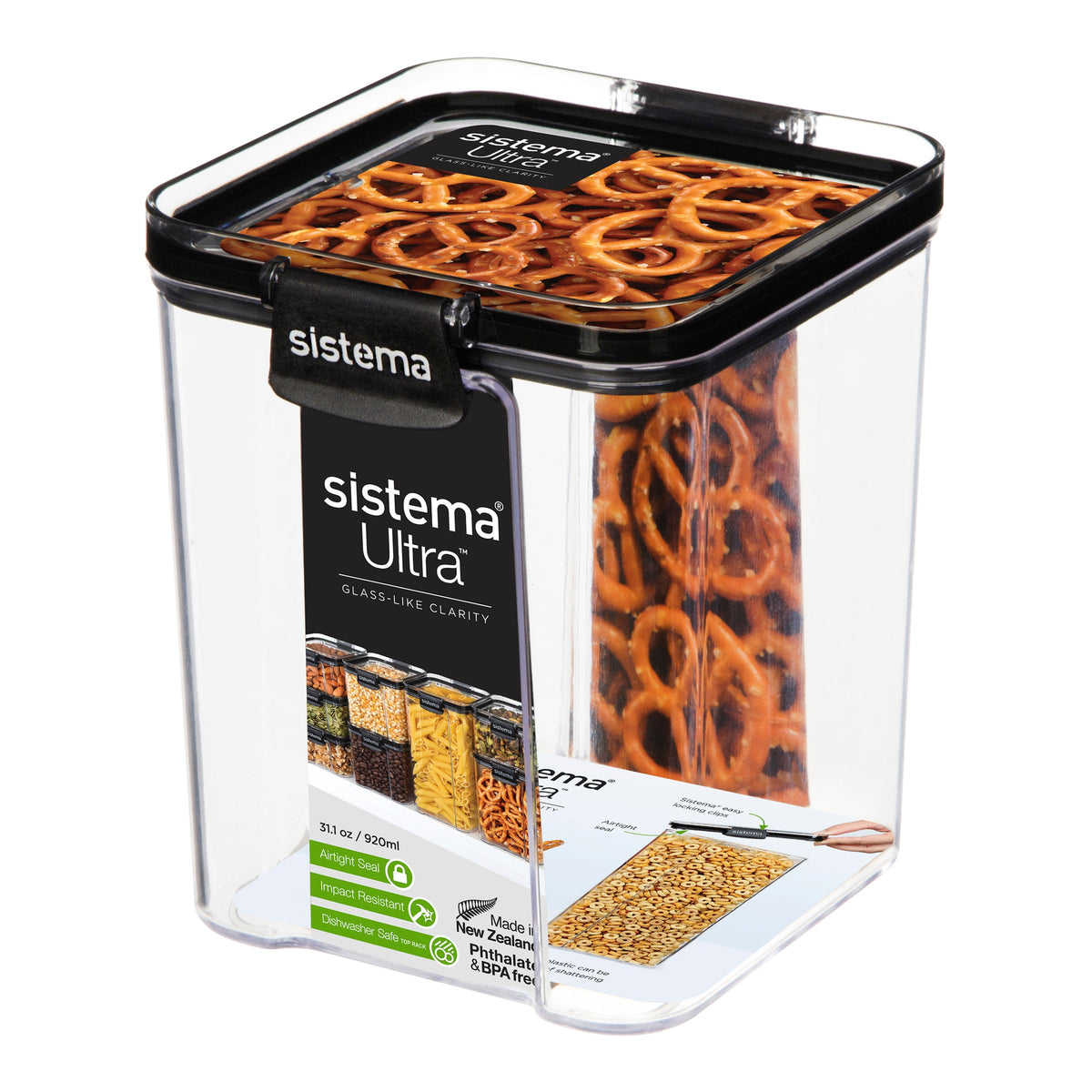 Sistema Ultra Clear Plastic Container Square 920ml Black