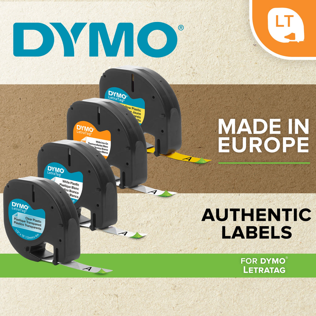 Dymo LetraTag Label Tape 12mm x 2m Black on White Iron-On Fabric