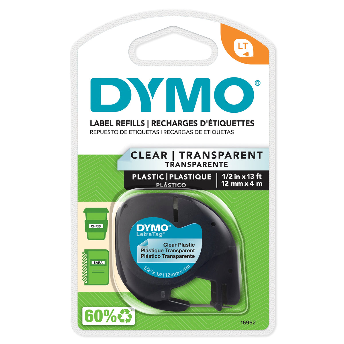 Dymo LetraTag Label Tape 12mm x 4m Black on Clear Plastic Single Roll