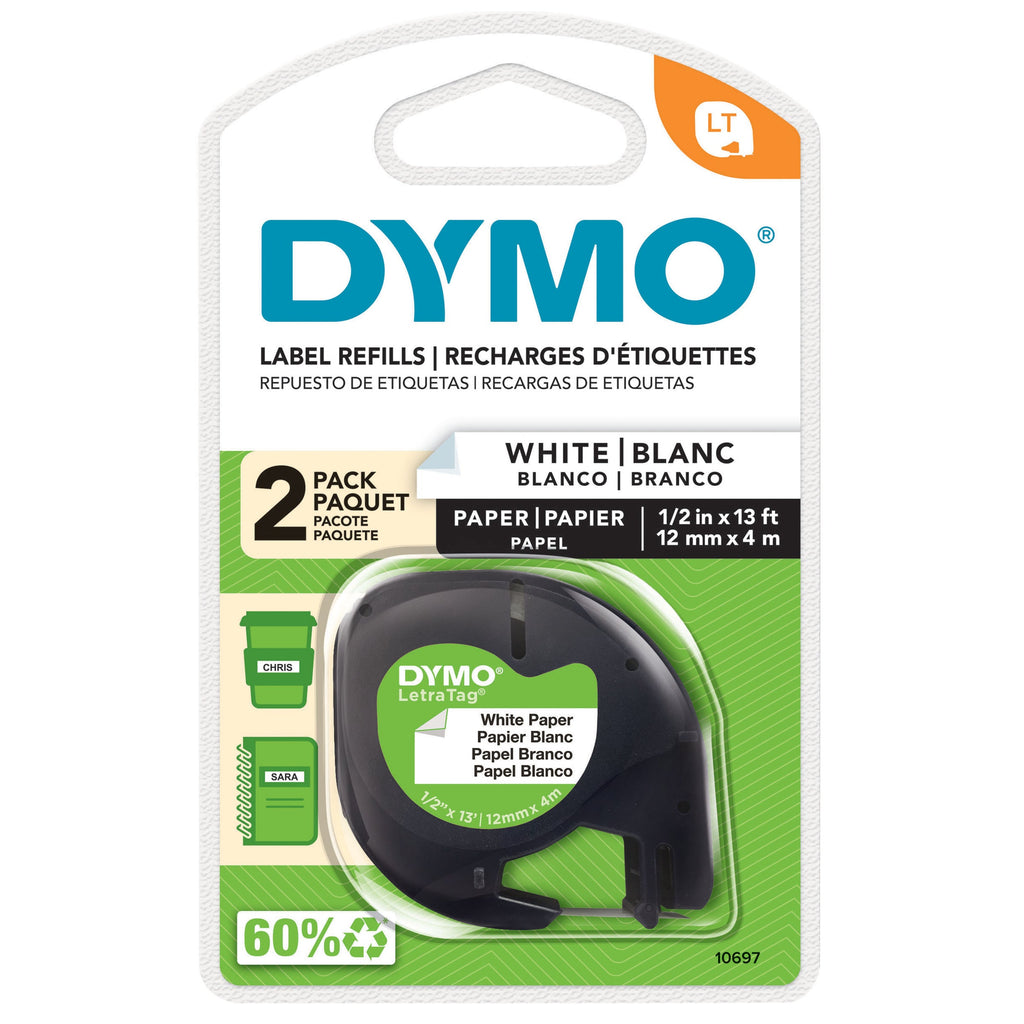 Dymo LetraTag Label Tape 12mm x 4m Black on White Paper Twin Pack