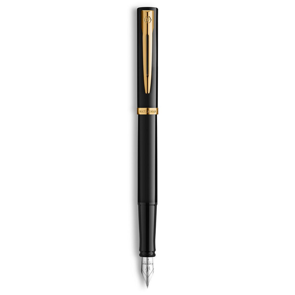 Waterman Impression Fountain Pen Black with Gold Trim Medium Nib Blue Ink Gift Box