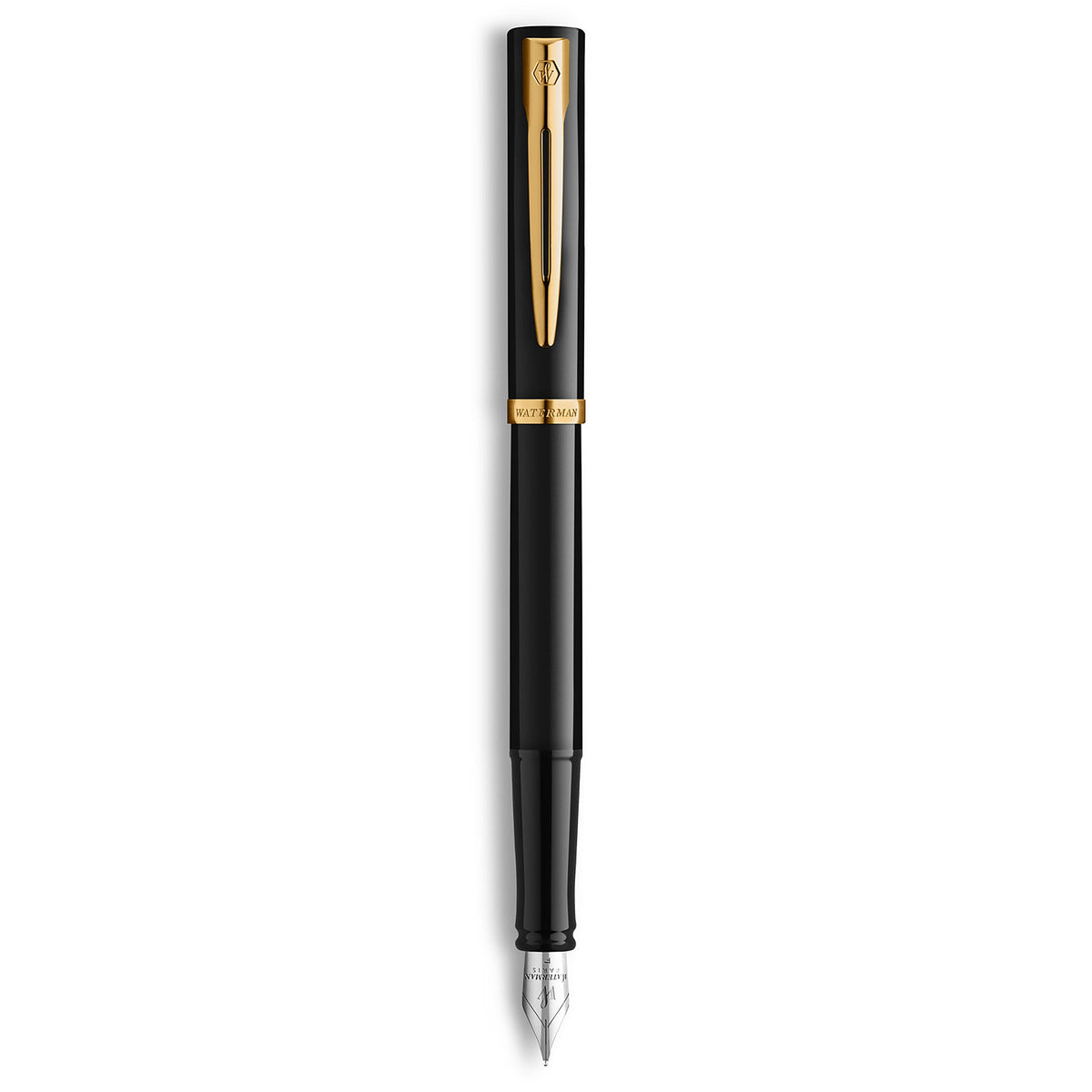 Waterman Impression Fountain Pen Black with Gold Trim Medium Nib Blue Ink Gift Box