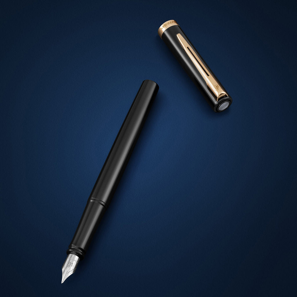 Waterman Impression Fountain Pen Black with Gold Trim Medium Nib Blue Ink Gift Box