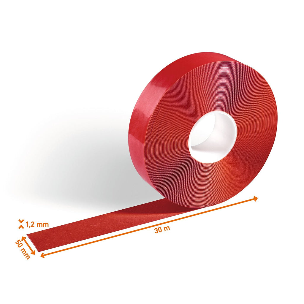 Red DURALINE STRONG 50/12 floor marking tape roll with the 50 mm width, 30 m length and 1.2 mm thickness marked