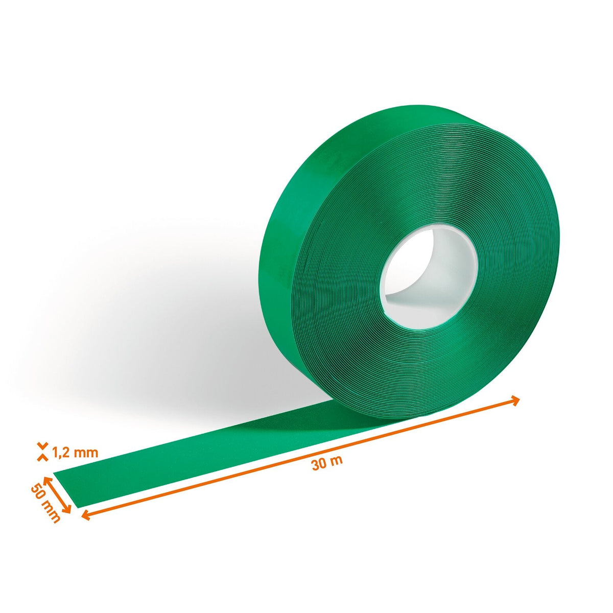 Green DURALINE STRONG 50/12 floor marking tape roll with the 50 mm width, 30 m length and 1.2 mm thickness marked