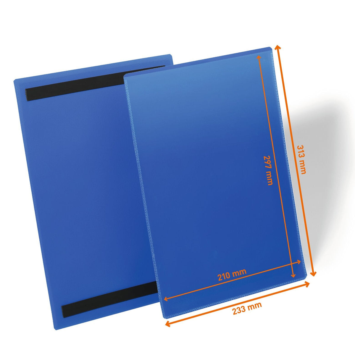 Durable 174407 A4 portrait magnetic pouch front and back, drawing marked 210 x 297 mm insert and 233 x 313 mm outer size