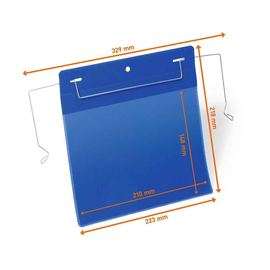 Durable 175207 A5 landscape pocket with wire hanger, drawing marked 223 x 218 mm pocket and 329 mm width with hanger
