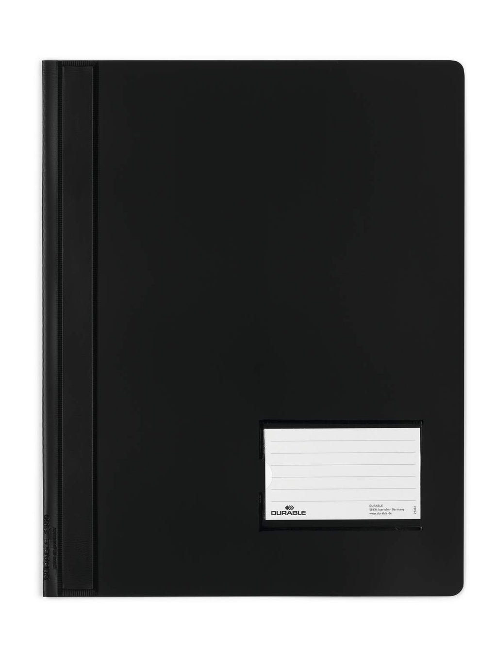 Durable DURALUX extra-wide A4 flat file in translucent black with business card label window on the front cover