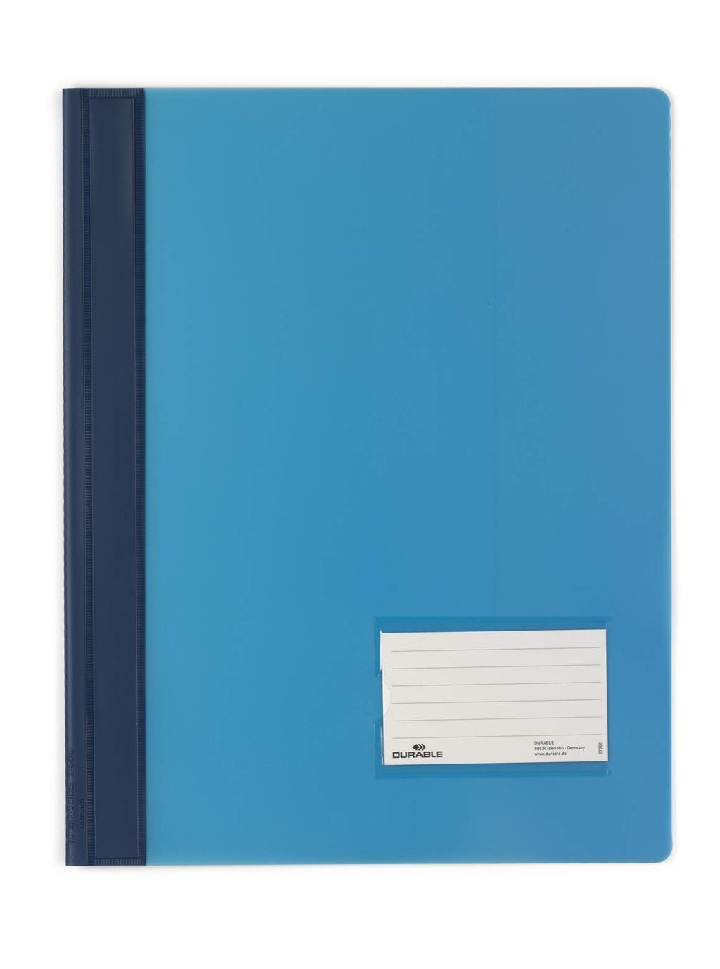 Durable Duralux extra-wide flat file in translucent blue with a darker blue spine strip and a label window on the front cover