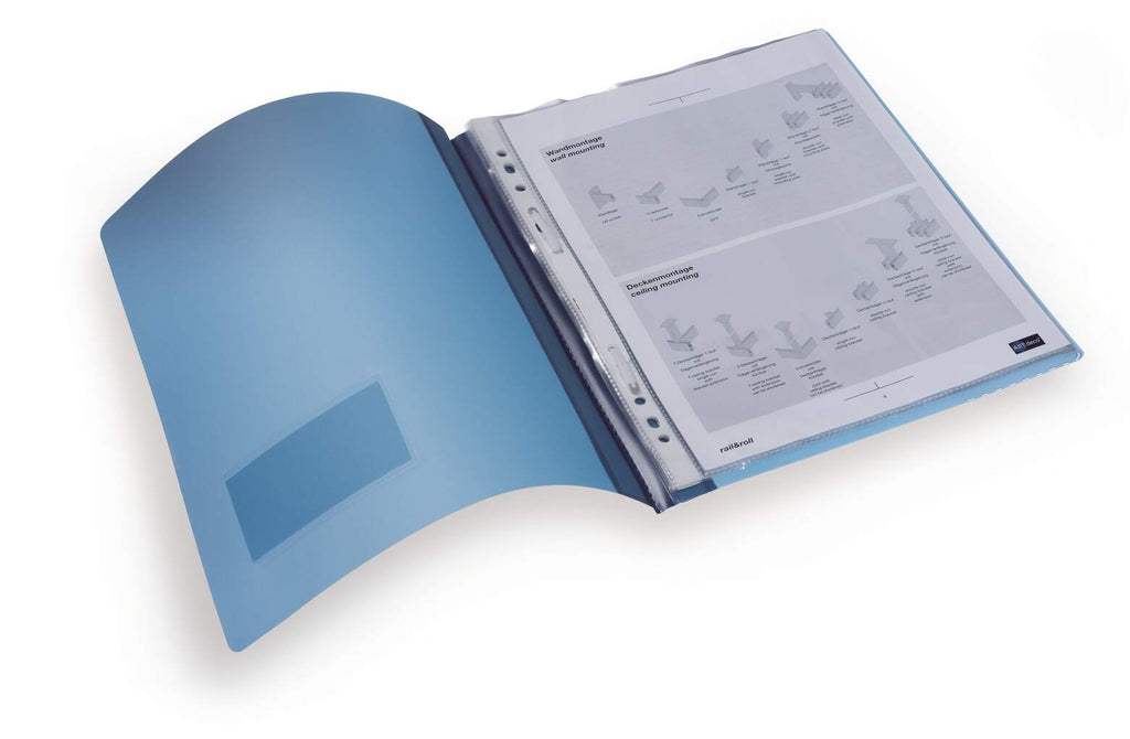 Translucent blue Durable flat file opened to show clear punched pockets with a document filed on the fastener