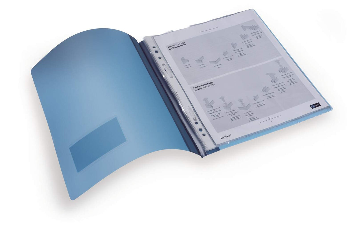 Translucent blue Durable flat file opened to show clear punched pockets with a document filed on the fastener