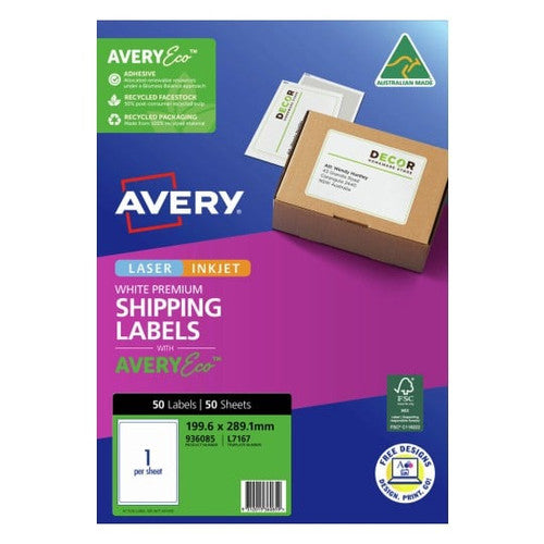 Avery Premium Shipping Labels with AveryEco L7167 199.6 x 289.1mm 1UP Pack 50