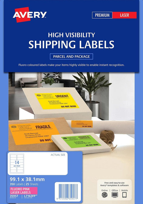 Avery Fluoro Pink High Visibility Shipping Labels L7163FP 99.1 x 38.1mm 14UP 350 Pack