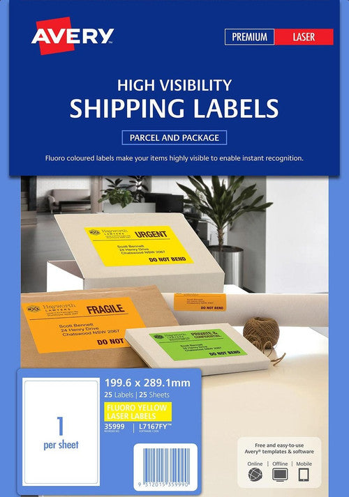 Avery Fluoro Yellow High Visibility Shipping Labels L7167FY 199.6 x 289.1mm 1UP 25 Pack