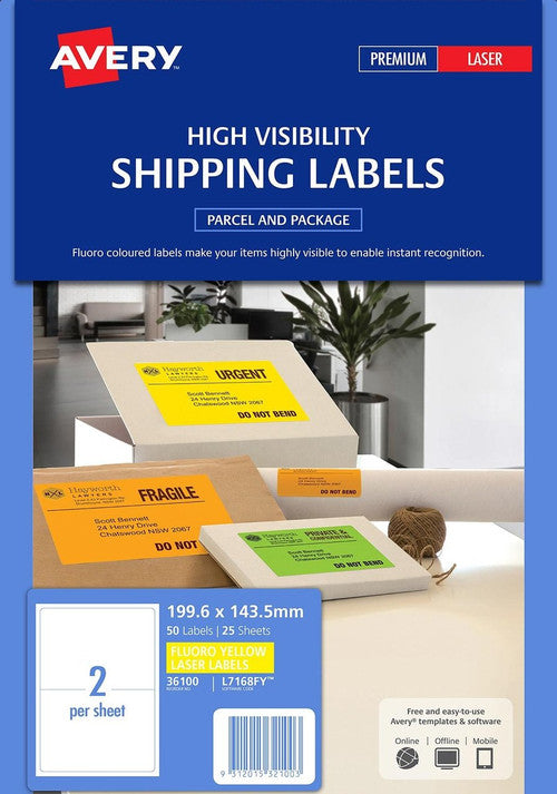 Avery Fluoro Yellow Labels L7168FY 199.6 x 143.5mm 2UP 50 Labels