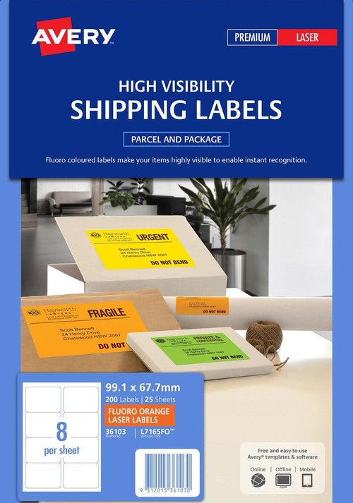 Avery Fluoro Orange High Visibility Shipping Labels 99.1 x 67.7mm Pack 200