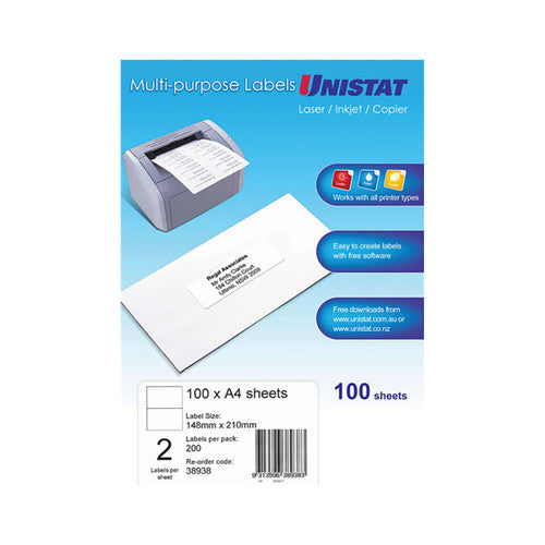 Unistat 38938 Multipurpose Labels 148 x 210mm 2UP 100 Sheets 200 Labels