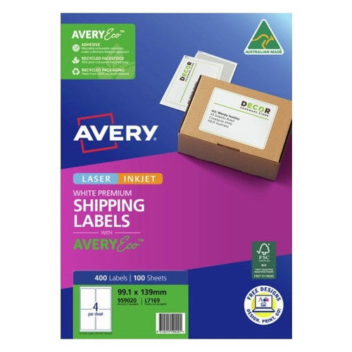 Avery Premium Shipping Labels AveryEco L7169 99.1 x 139mm 4UP 400 Labels