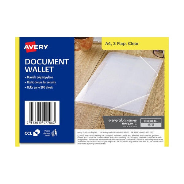 Avery Clear Plastic Document Wallet A4 200 Sheets