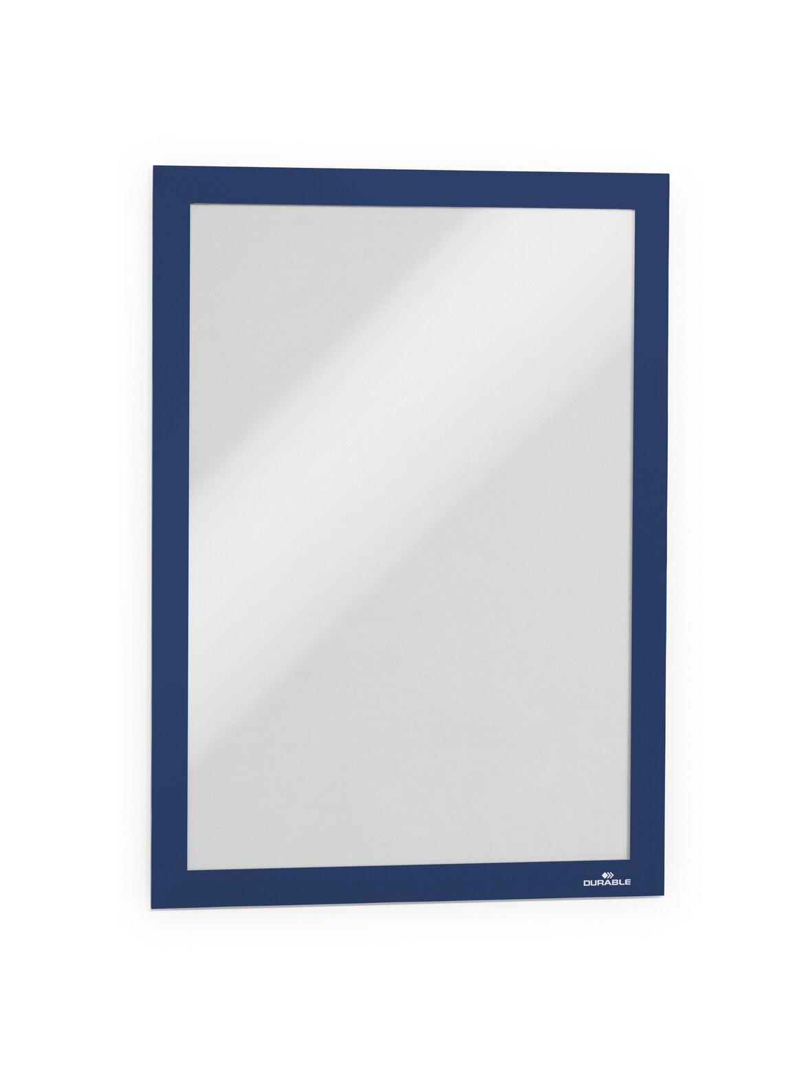Durable Duraframe A4 sign holder with a dark blue border, empty, front view on a white background