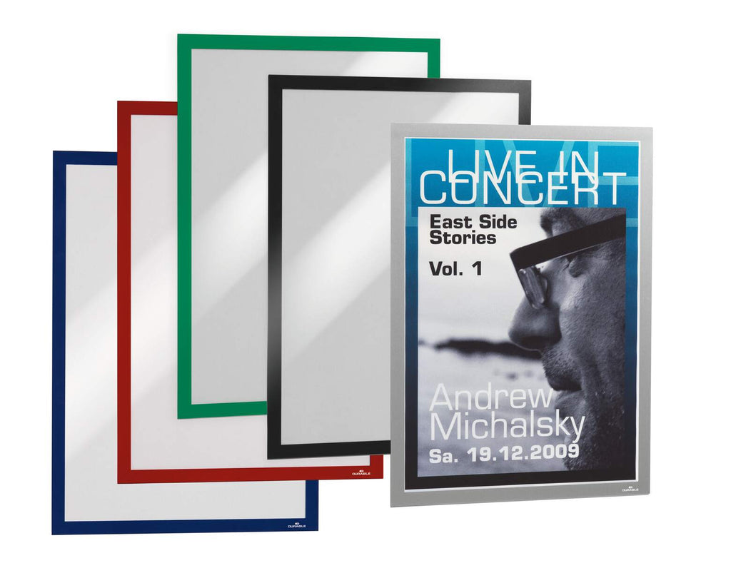 Durable Duraframe A3 frames in navy, red, green, black and silver, the silver frame holding a concert poster