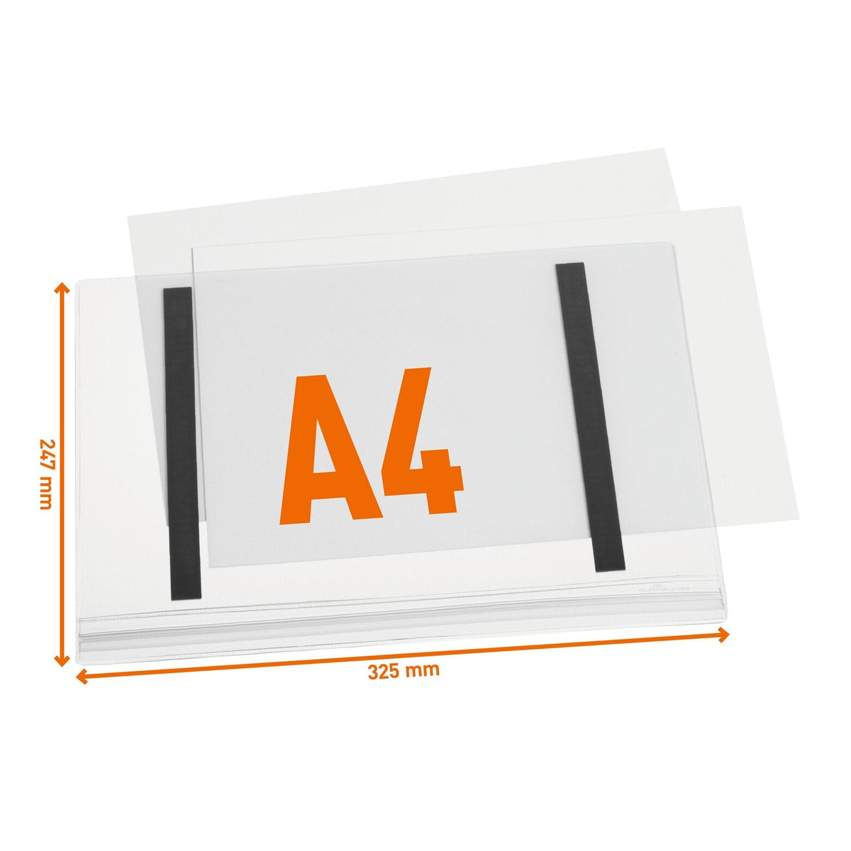 Durable A4 water-resistant magnetic pocket with outer dimensions 247 x 325 mm marked
