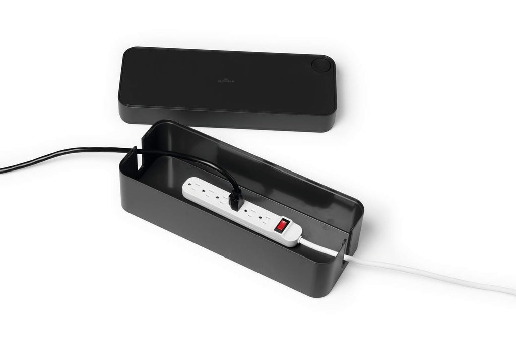 Graphite CAVOLINE BOX L with the lid lifted, showing a power strip and cables inside