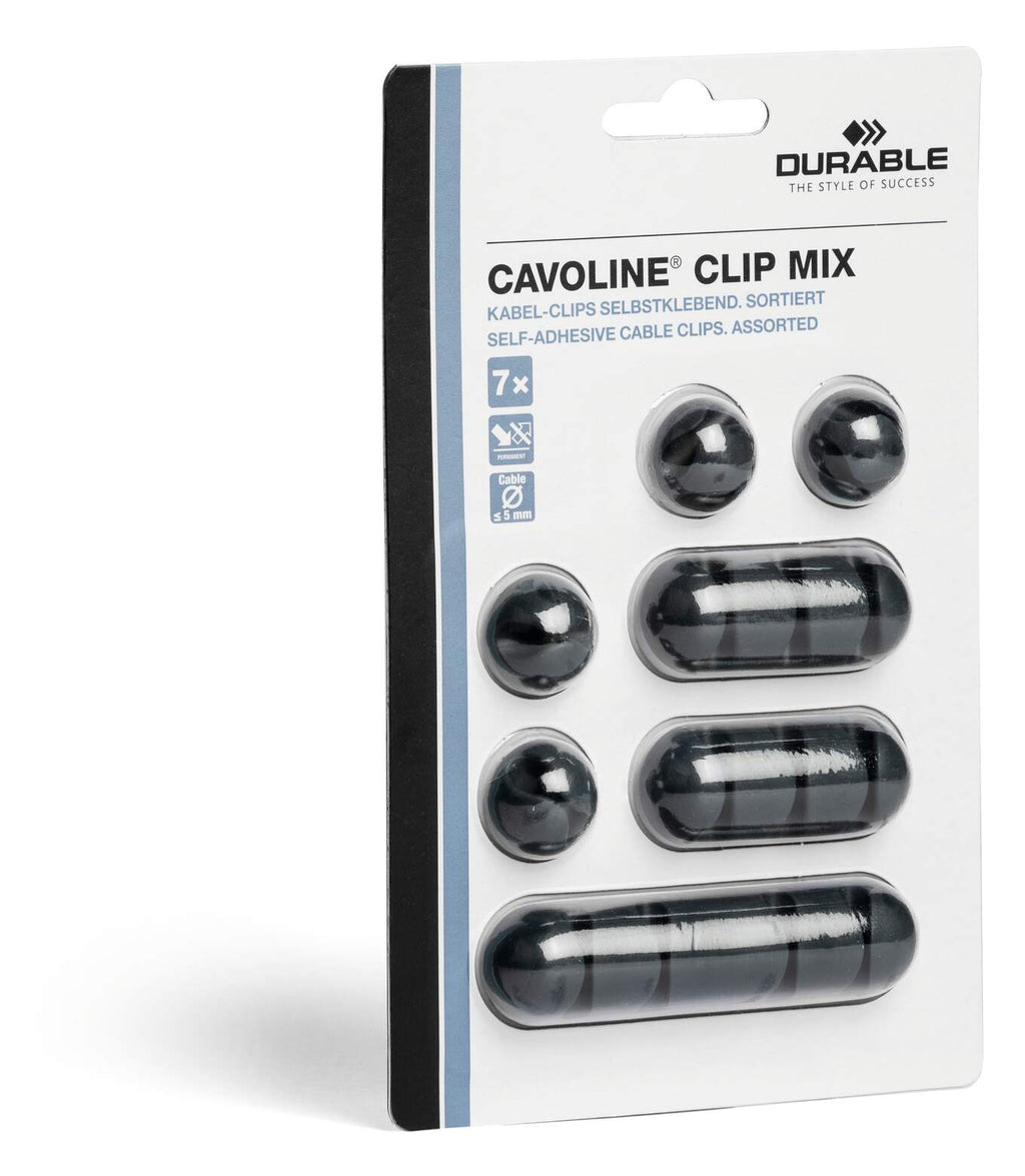 Durable CAVOLINE CLIP MIX graphite retail pack marked 7x with the self-adhesive clips inside